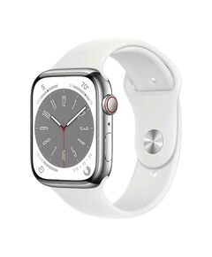 Apple Watch Series 8 GPS + Cellular Stainless Steel 45mm, Case Finish: Silver, Case Material: Stainless Steel, Case Size: 45mm, Connectivity: GPS + Cellular, Band Color: White, Band Size: Regular, Condition: New