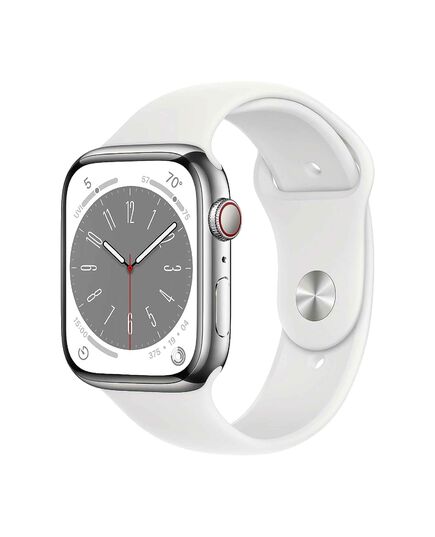 Apple Watch Series 8 GPS + Cellular Stainless Steel 45mm, Case Finish: Silver, Case Material: Stainless Steel, Case Size: 45mm, Connectivity: GPS + Cellular, Band Color: White, Band Size: Regular, Condition: New